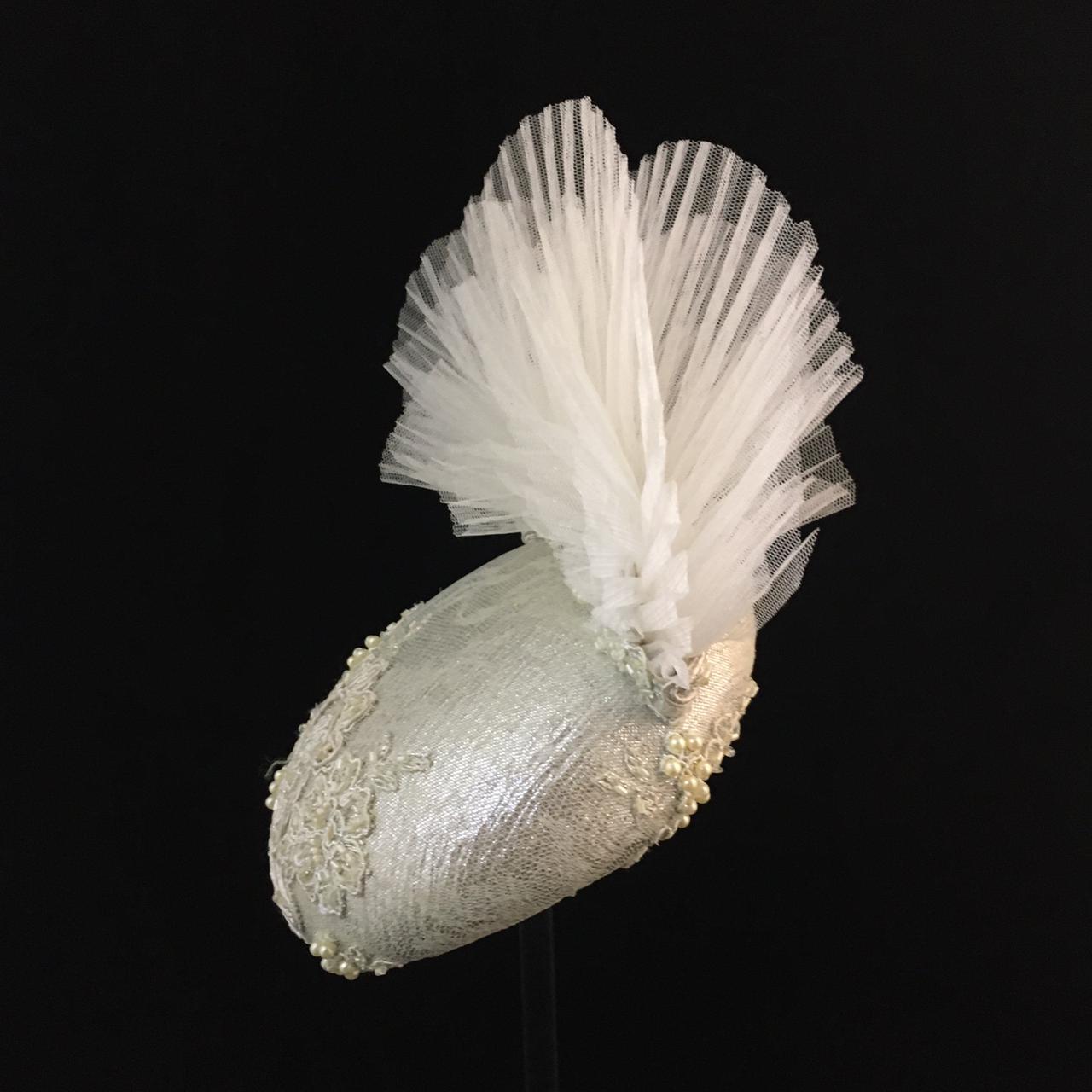 Willow: Cream Hand Beaded Dome Cocktail Fascinator Flared with Layers of Pleated Tulle