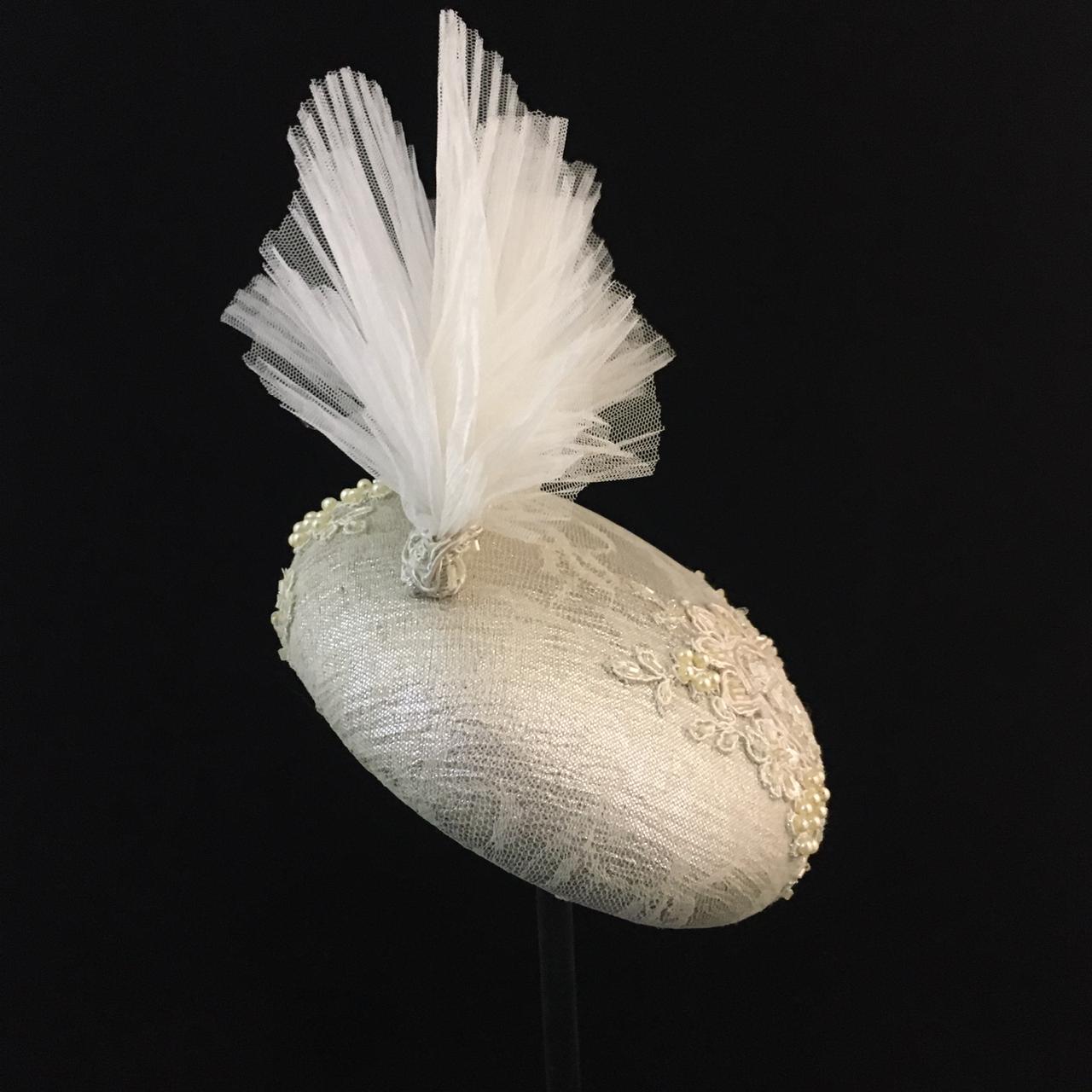 Willow: Cream Hand Beaded Dome Cocktail Fascinator Flared with Layers of Pleated Tulle