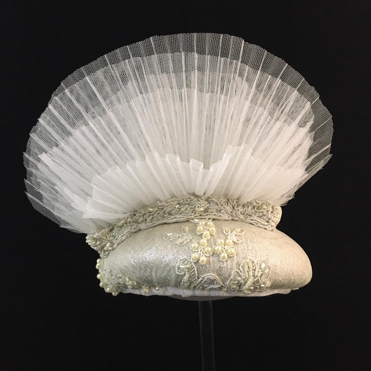 Willow: Cream Hand Beaded Dome Cocktail Fascinator Flared with Layers of Pleated Tulle