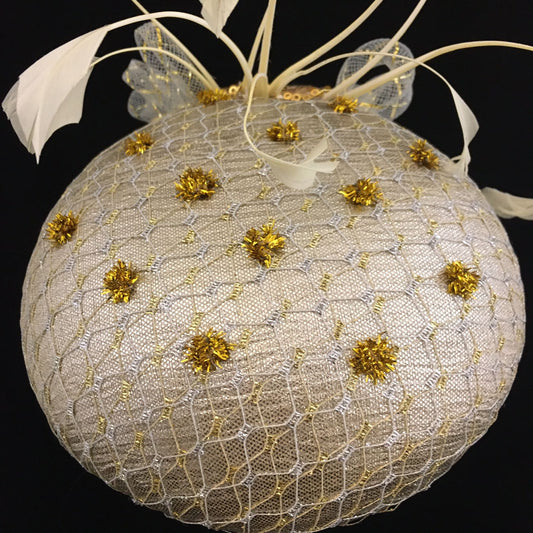 Winnie: Iced Silver Dome Cocktail Fascinator Accented by Gold Dots and Cream Feather Spray