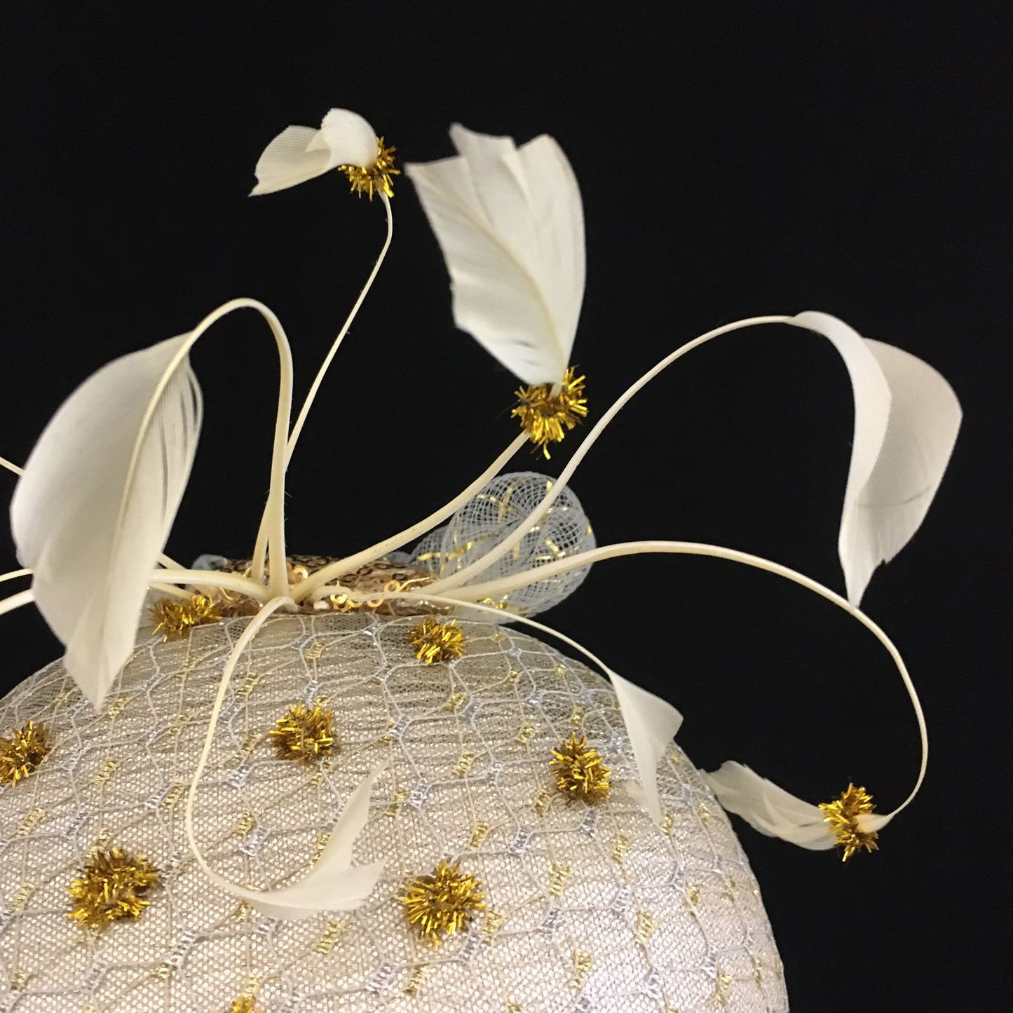 Winnie: Iced Silver Dome Cocktail Fascinator Accented by Gold Dots and Cream Feather Spray