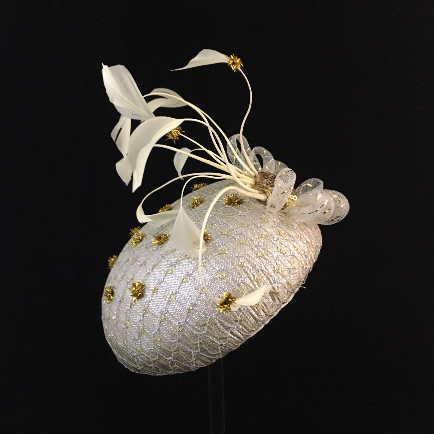 Winnie: Iced Silver Dome Cocktail Fascinator Accented by Gold Dots and Cream Feather Spray