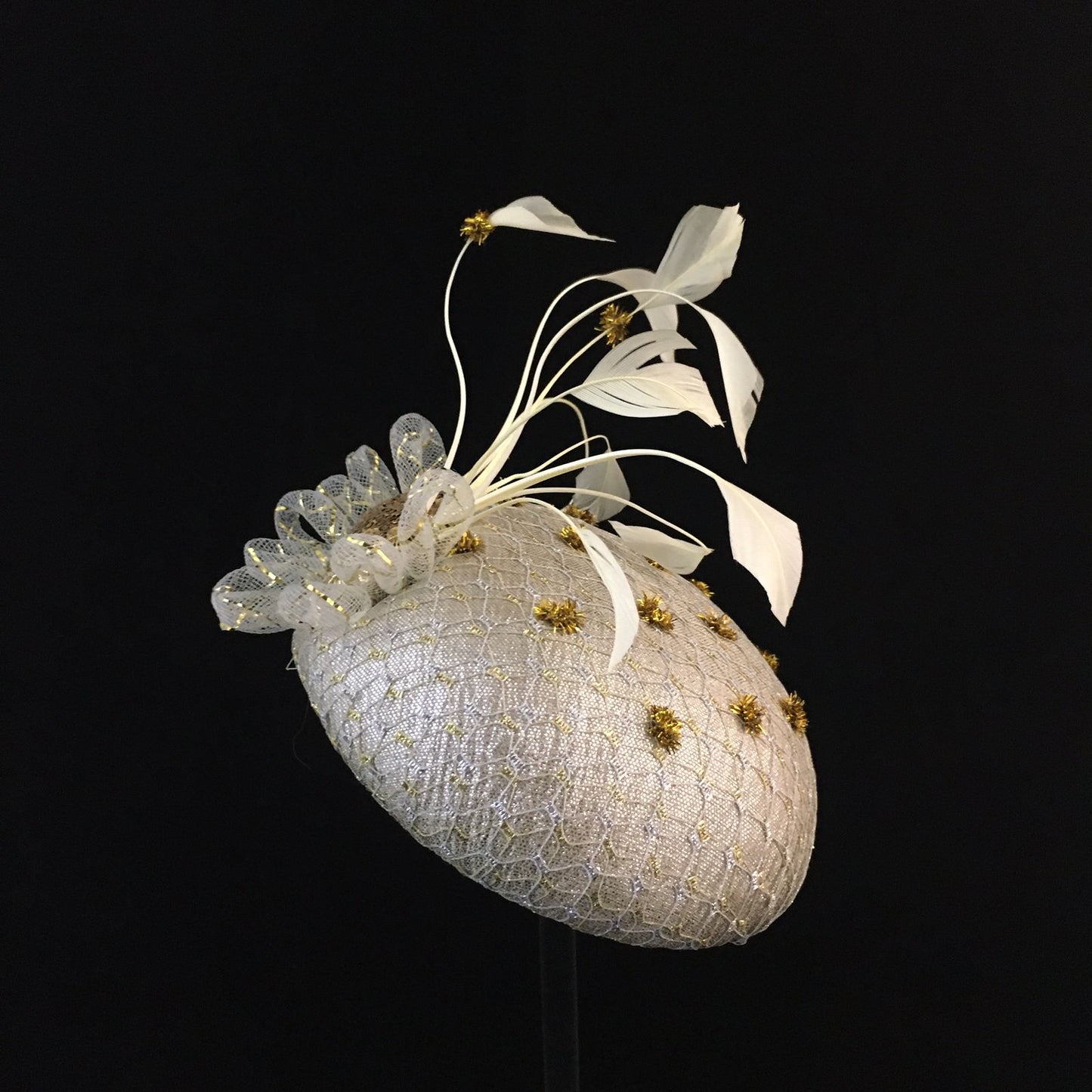 Winnie: Iced Silver Dome Cocktail Fascinator Accented by Gold Dots and Cream Feather Spray