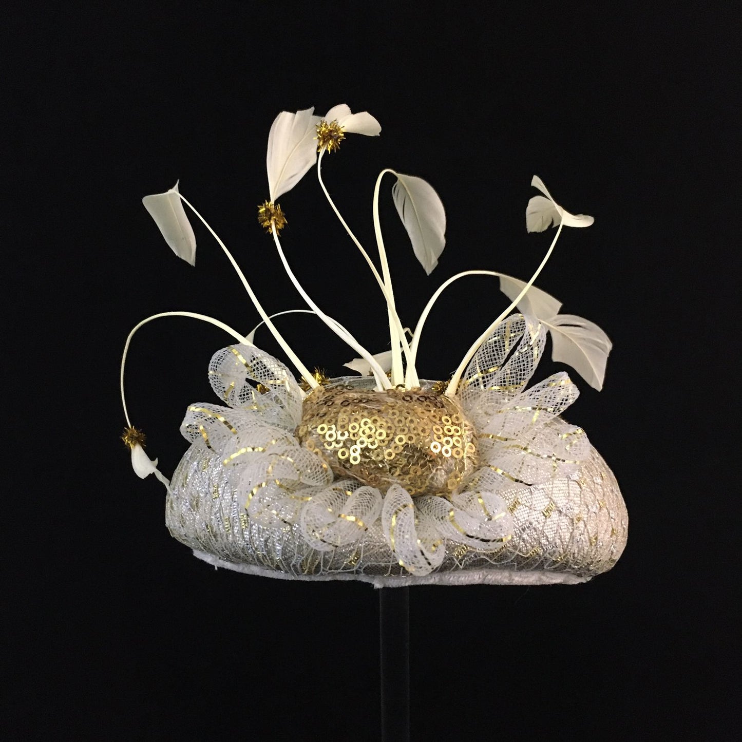 Winnie: Iced Silver Dome Cocktail Fascinator Accented by Gold Dots and Cream Feather Spray