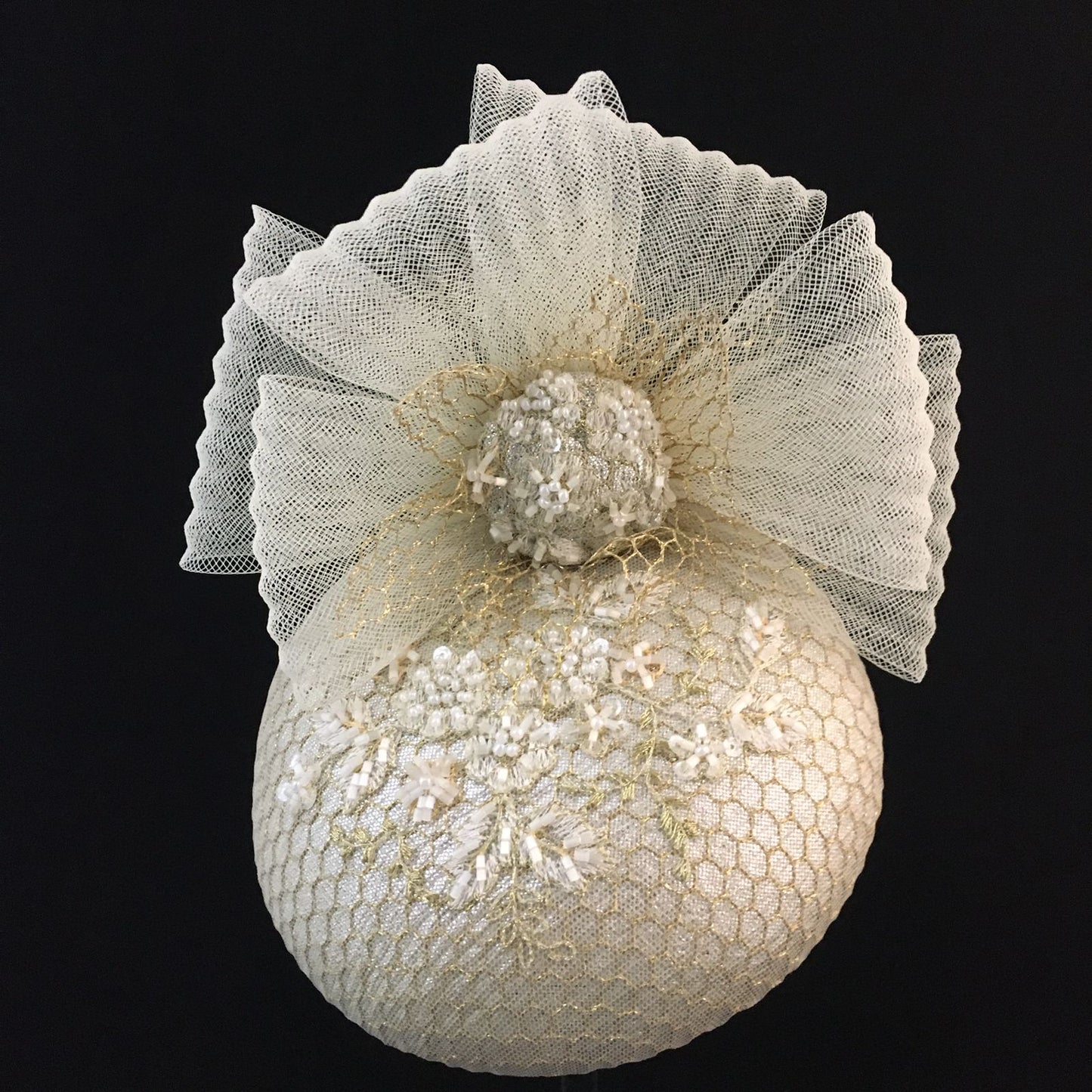 Winona: Cream and Gold Cocktail Dome Fascinator Accented with a Crinoline Bow and Hand Beaded Overlay Fabric