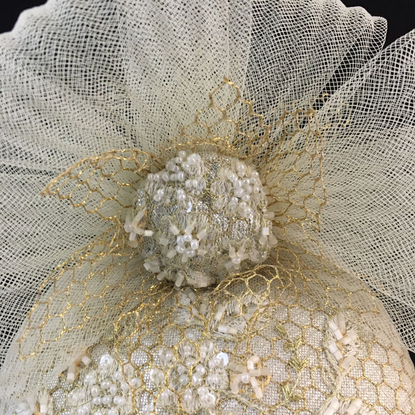 Winona: Cream and Gold Cocktail Dome Fascinator Accented with a Crinoline Bow and Hand Beaded Overlay Fabric