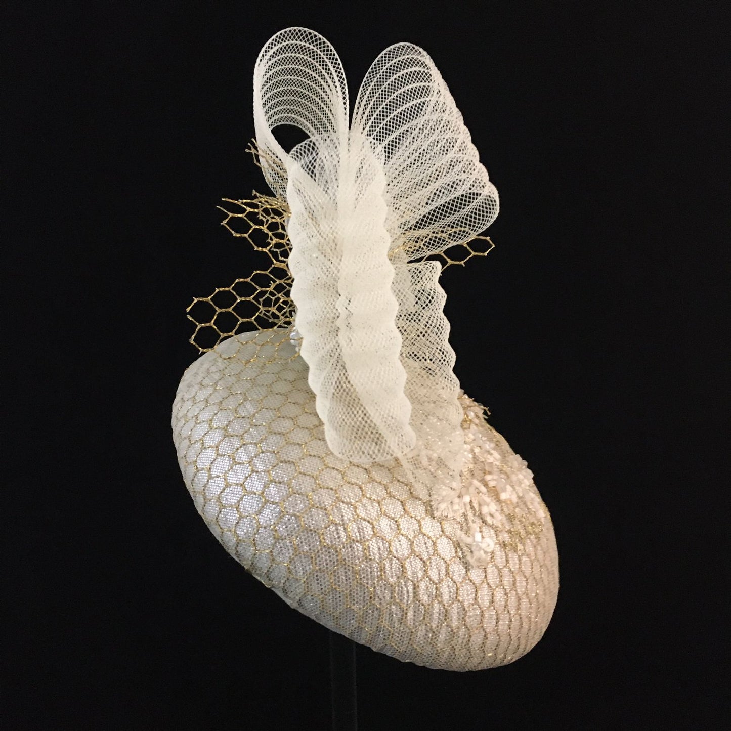 Winona: Cream and Gold Cocktail Dome Fascinator Accented with a Crinoline Bow and Hand Beaded Overlay Fabric