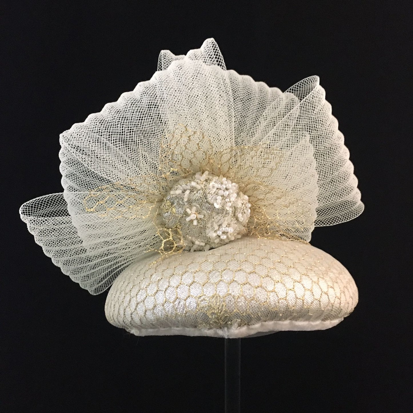 Winona: Cream and Gold Cocktail Dome Fascinator Accented with a Crinoline Bow and Hand Beaded Overlay Fabric