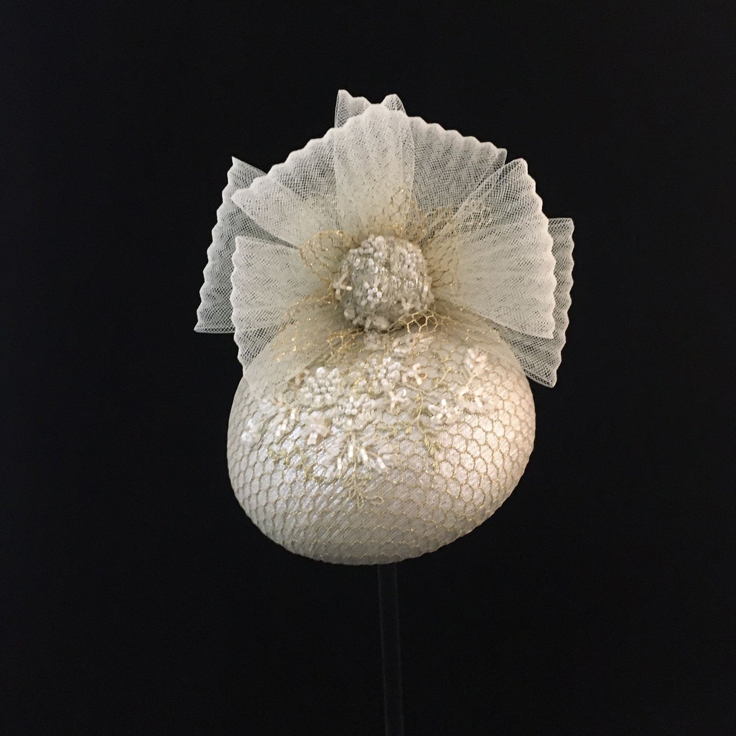 Winona: Cream and Gold Cocktail Dome Fascinator Accented with a Crinoline Bow and Hand Beaded Overlay Fabric