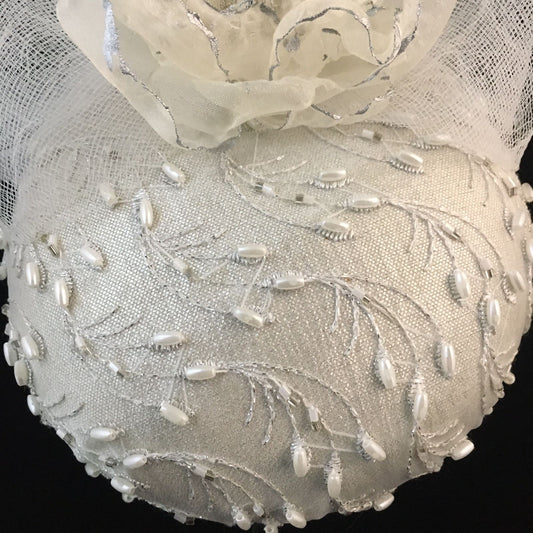 Winslow: Bridal Dome Cocktail Hat Accented with Pearl Beads and Trimmed Handmade and Hand Painted Organza Floral