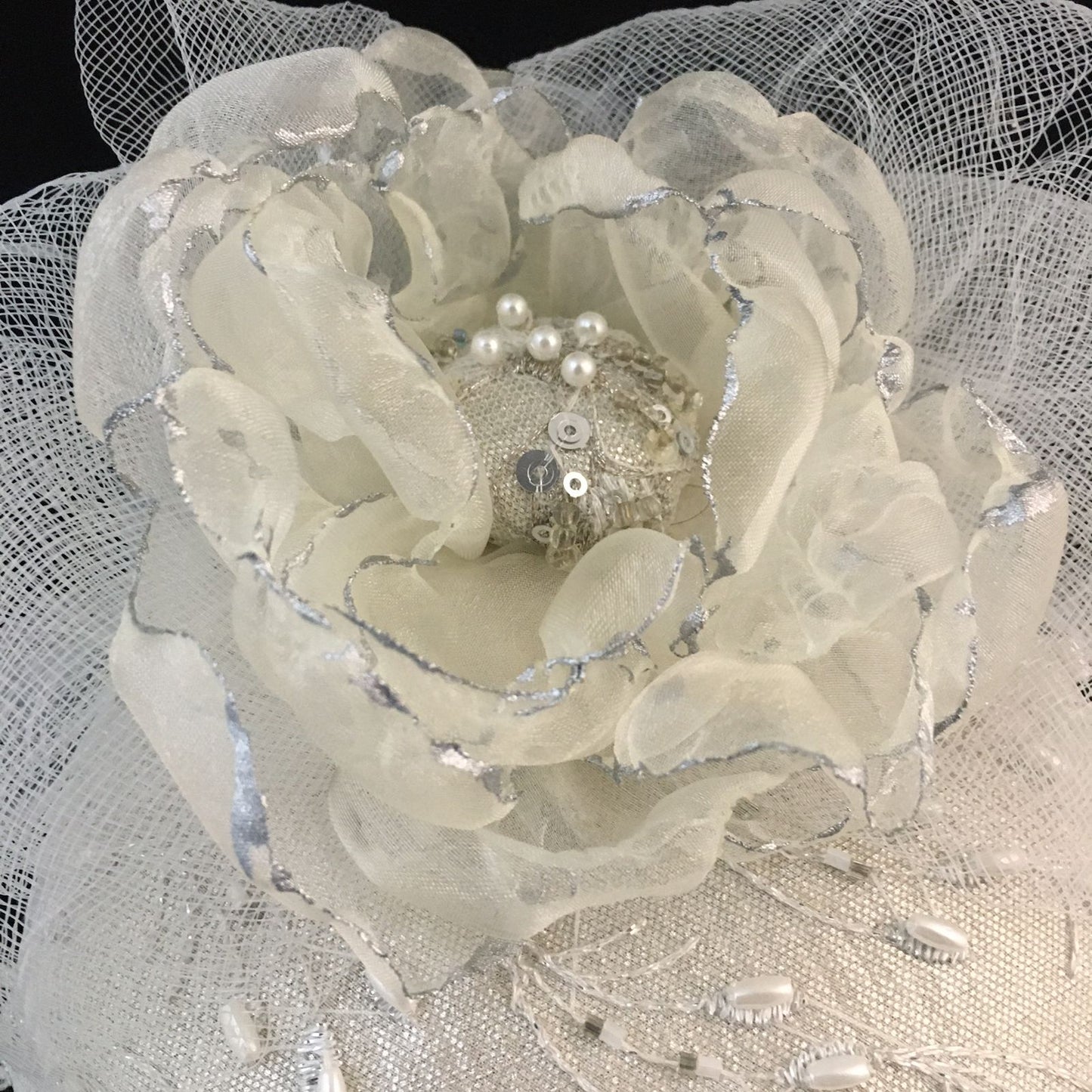 Winslow: Bridal Dome Cocktail Hat Accented with Pearl Beads and Trimmed Handmade and Hand Painted Organza Floral