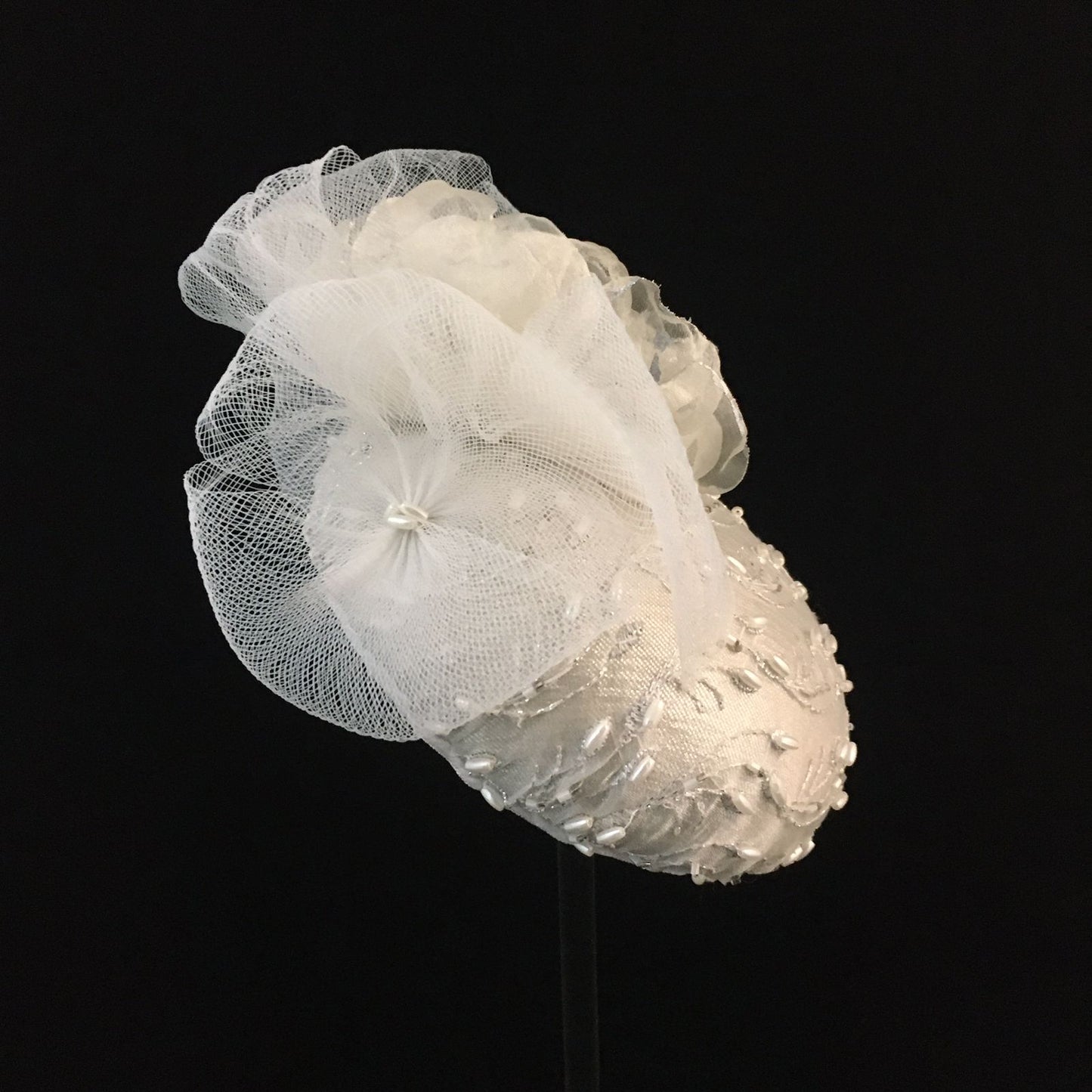 Winslow: Bridal Dome Cocktail Hat Accented with Pearl Beads and Trimmed Handmade and Hand Painted Organza Floral