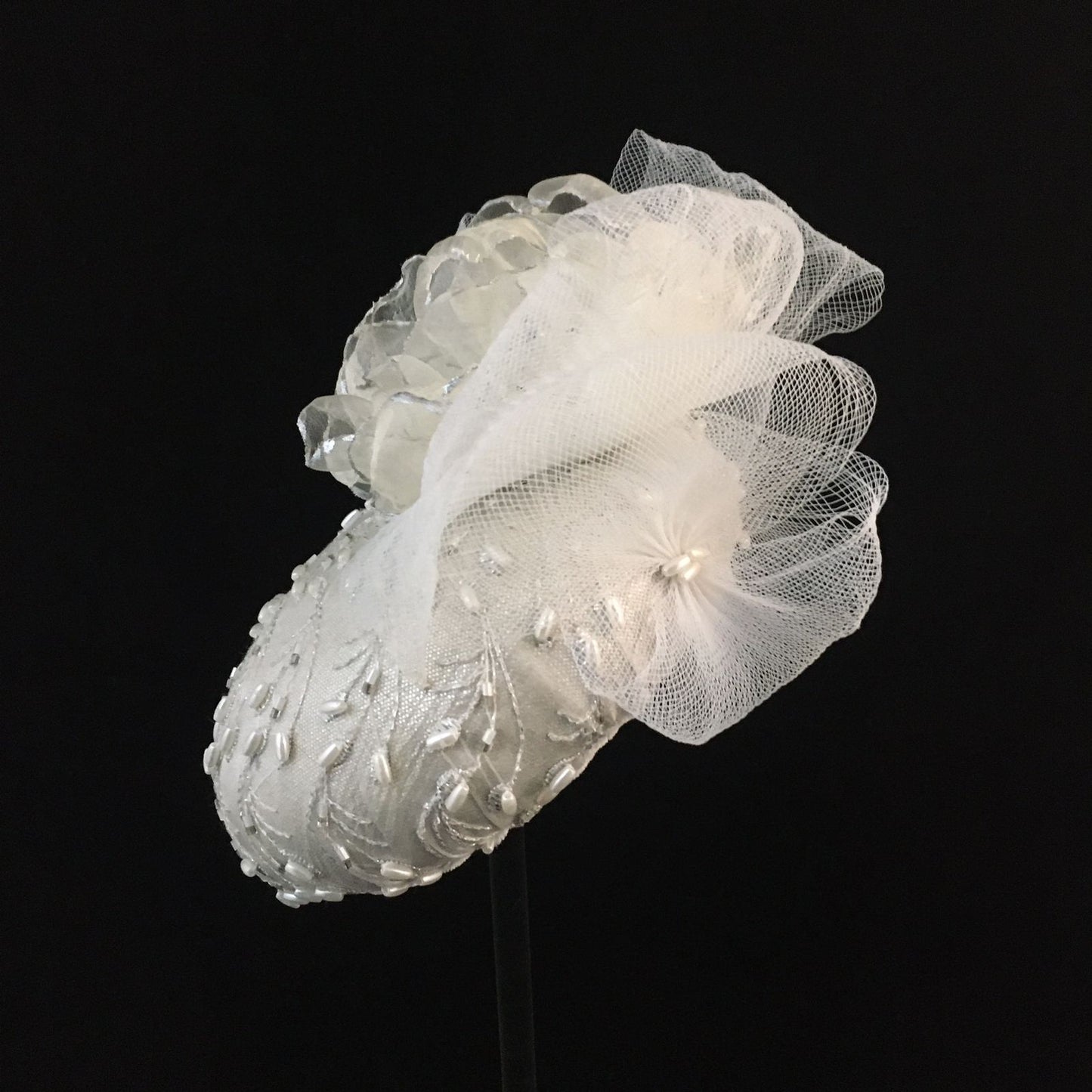 Winslow: Bridal Dome Cocktail Hat Accented with Pearl Beads and Trimmed Handmade and Hand Painted Organza Floral