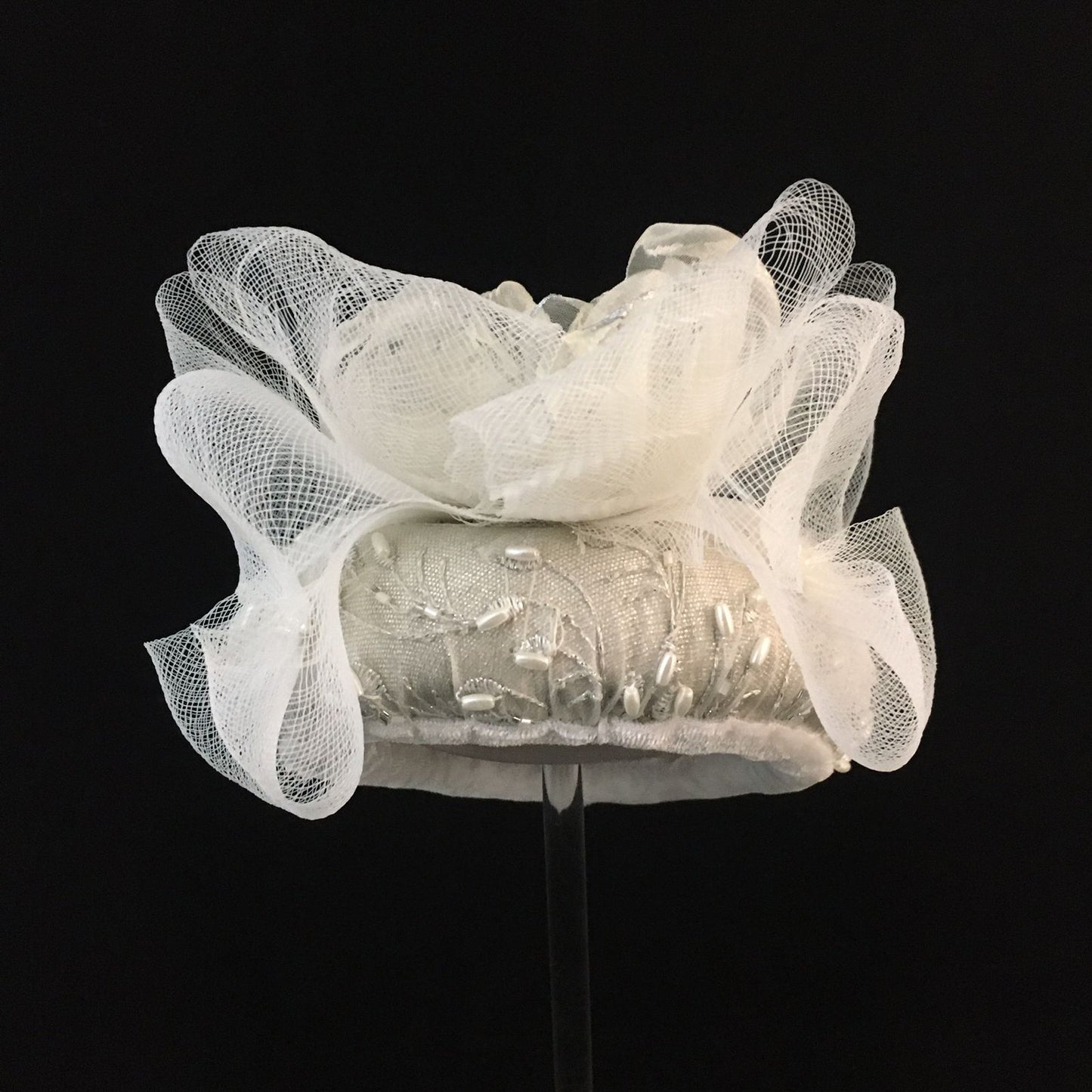 Winslow: Bridal Dome Cocktail Hat Accented with Pearl Beads and Trimmed Handmade and Hand Painted Organza Floral