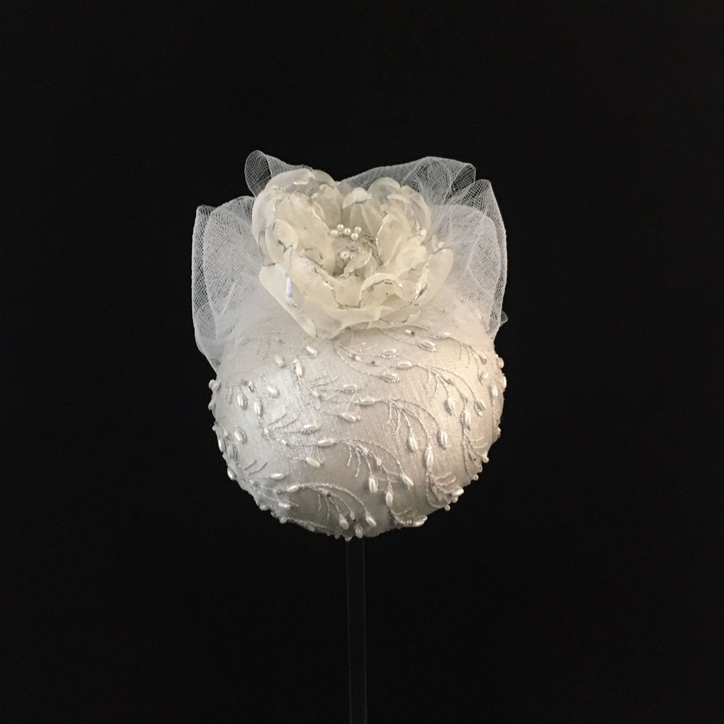 Winslow: Bridal Dome Cocktail Hat Accented with Pearl Beads and Trimmed Handmade and Hand Painted Organza Floral