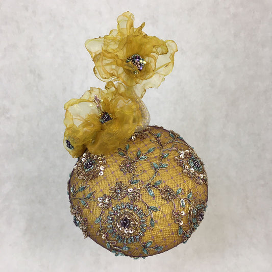 Abigail: Mustard Yellow Hand Beaded Dome Cocktail Fascinator Accented with Handmade Organza Floral Vine