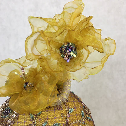 Abigail: Mustard Yellow Hand Beaded Dome Cocktail Fascinator Accented with Handmade Organza Floral Vine