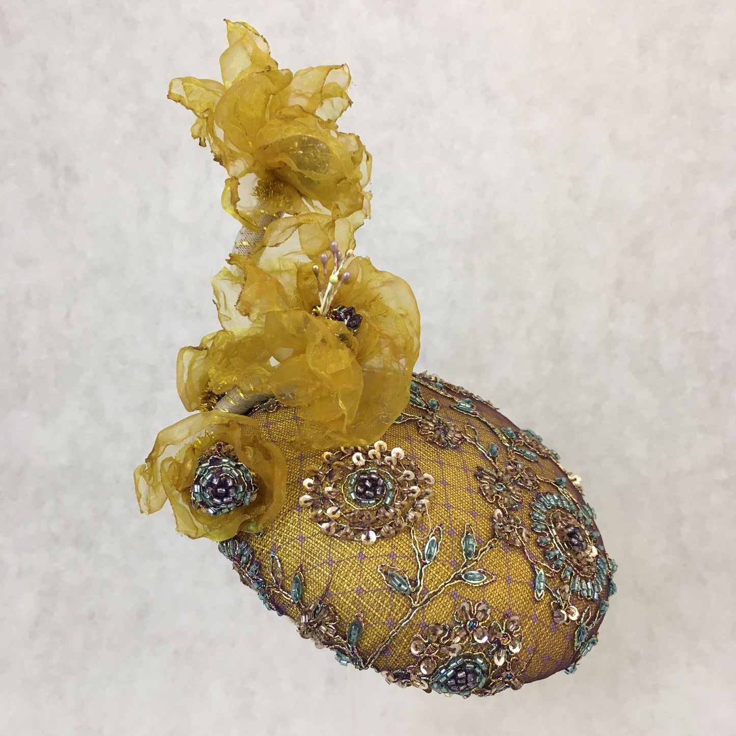 Abigail: Mustard Yellow Hand Beaded Dome Cocktail Fascinator Accented with Handmade Organza Floral Vine