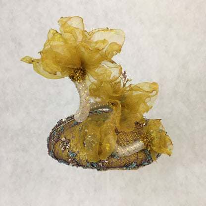 Abigail: Mustard Yellow Hand Beaded Dome Cocktail Fascinator Accented with Handmade Organza Floral Vine
