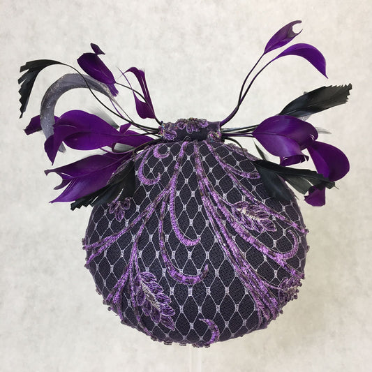 Addison: Purple Hand Beaded Dome Cocktail Fascinator Accented with a Feather Bow