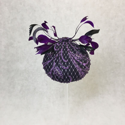 Addison: Purple Hand Beaded Dome Cocktail Fascinator Accented with a Feather Bow