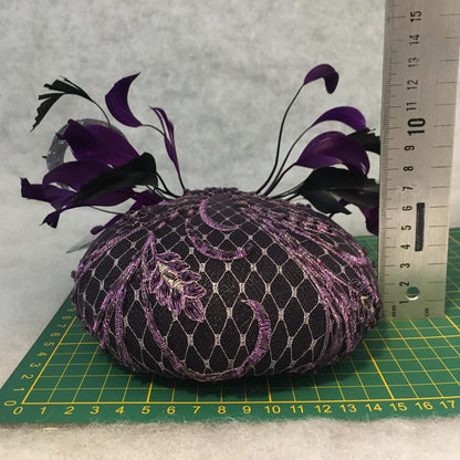 Addison: Purple Hand Beaded Dome Cocktail Fascinator Accented with a Feather Bow