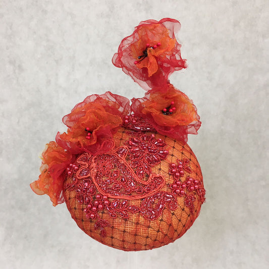Aria: Orange Compact Dome Cocktail Fascinator Accented with Handmade Organza Florals on a Beaded Vine