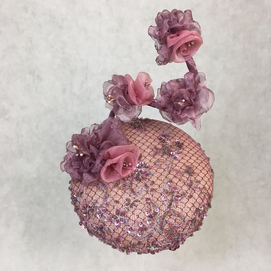 Athena: Dusty Pink Low Dome Cocktail Fascinator Trimmed with Handmade Flowers