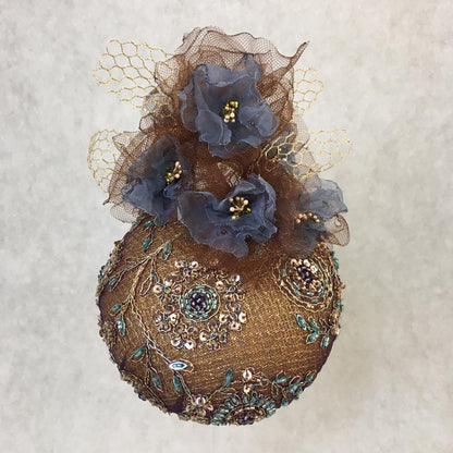 Audrey: Gold / Brown Dome Cocktail Hat Accented with Handmade Organza Floral Spray