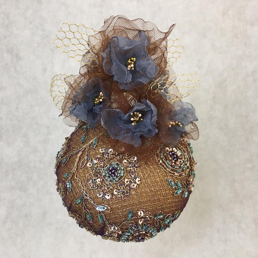 Audrey: Gold / Brown Dome Cocktail Hat Accented with Handmade Organza Floral Spray
