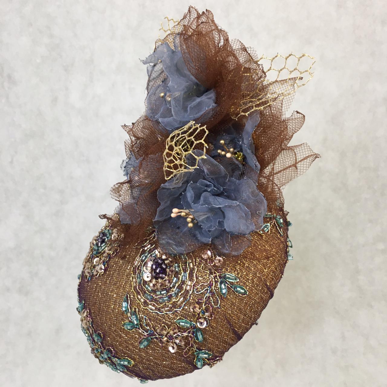 Audrey: Gold / Brown Dome Cocktail Hat Accented with Handmade Organza Floral Spray