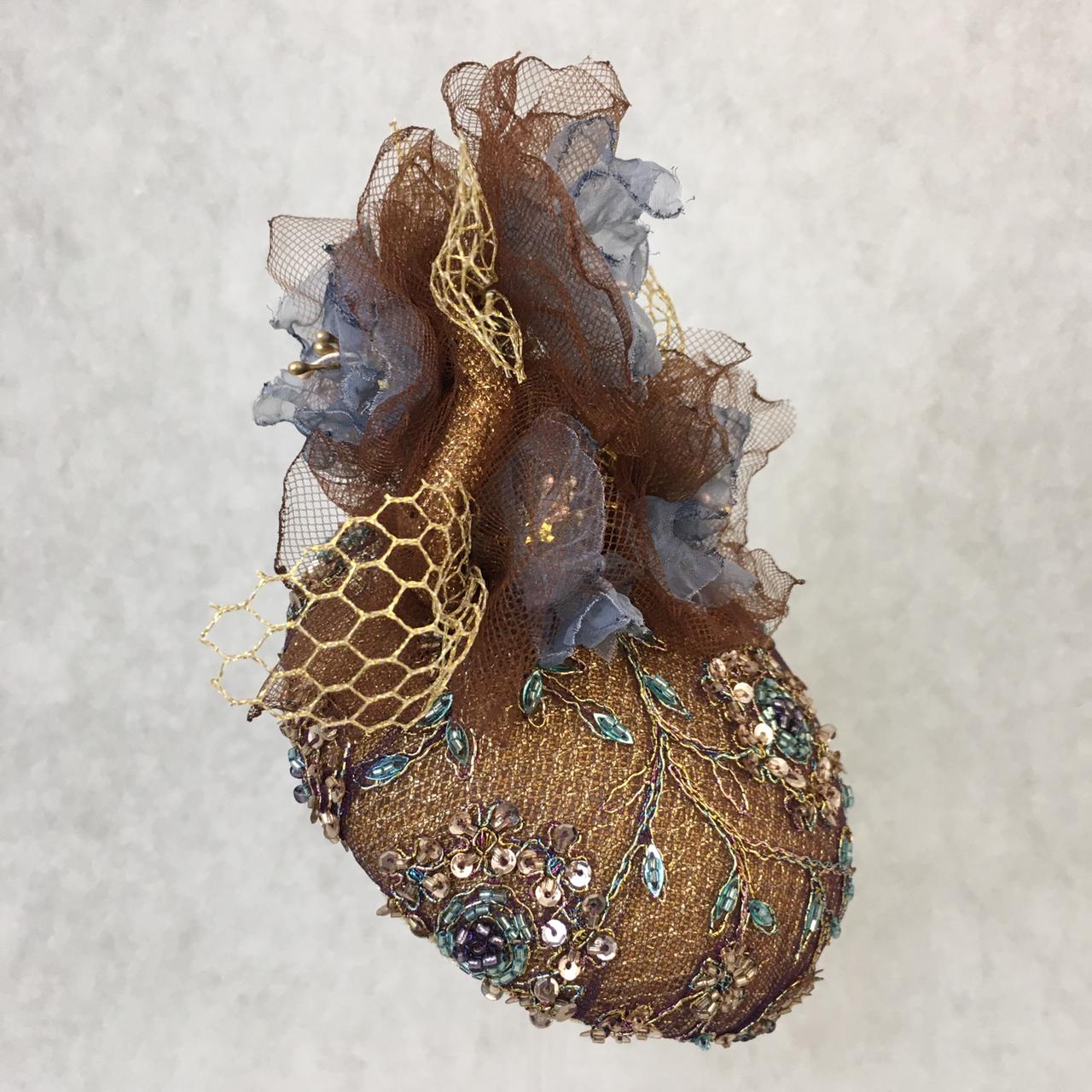 Audrey: Gold / Brown Dome Cocktail Hat Accented with Handmade Organza Floral Spray