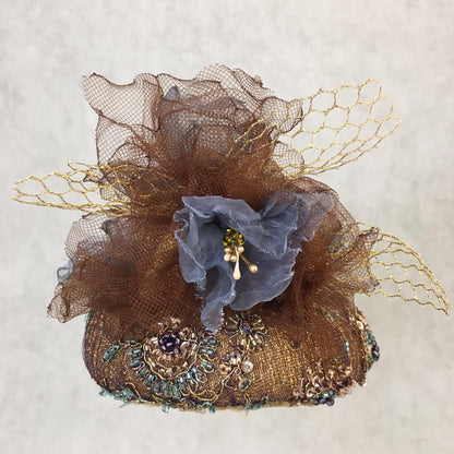Audrey: Gold / Brown Dome Cocktail Hat Accented with Handmade Organza Floral Spray