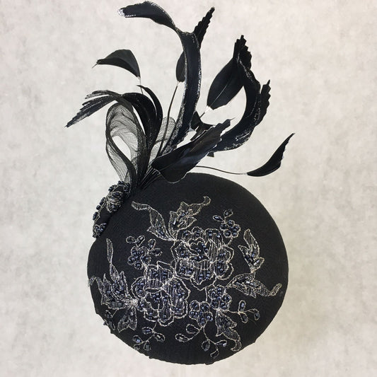 Bailey: Black and Silver Dome Cocktail Hat Accented with Hand Painted Black Feathers and Crinolin Bow