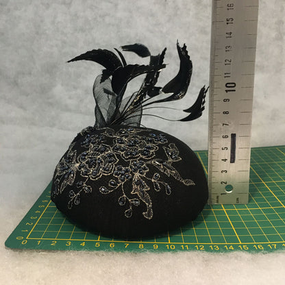 Bailey: Black and Silver Dome Cocktail Hat Accented with Hand Painted Black Feathers and Crinolin Bow