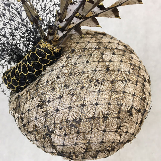 Bambi: Petite Dome Cocktail FascinatorAccented with Pheasant feathers and Black netted Veiling
