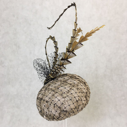 Bambi: Petite Dome Cocktail FascinatorAccented with Pheasant feathers and Black netted Veiling