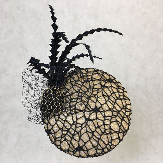 Barbara: Slanted Cocktail Fascinator with Gold Base and Spider Netting, Accented with Feather Spray
