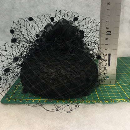Beatrice: Black Dome Cocktail Fascinator with Black Spotted Veiling Trimmed with Hand Made Flowers