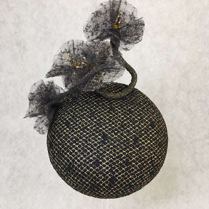 Bella: Domed Cocktail Fascinator / Black and Gold Trim with Handmade Black and Gold Netted Flowers