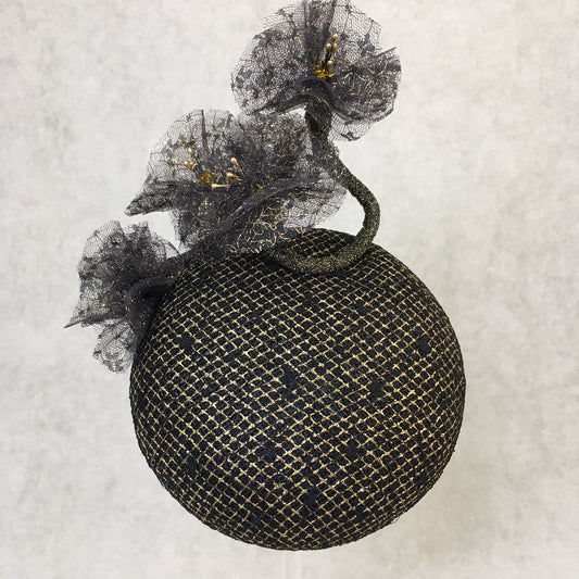 Bella: Domed Cocktail Fascinator / Black and Gold Trim with Handmade Black and Gold Netted Flowers