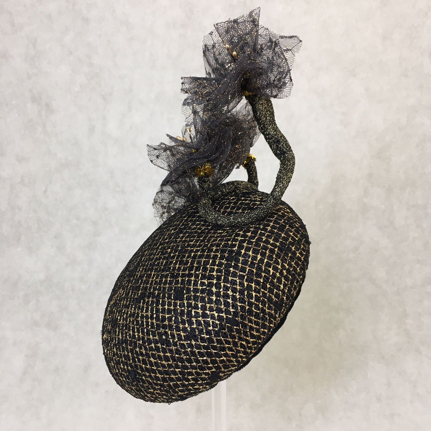 Bella: Domed Cocktail Fascinator / Black and Gold Trim with Handmade Black and Gold Netted Flowers