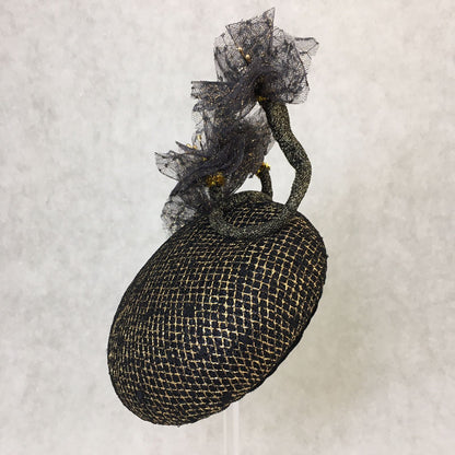 Bella: Domed Cocktail Fascinator / Black and Gold Trim with Handmade Black and Gold Netted Flowers