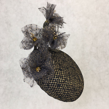 Bella: Domed Cocktail Fascinator / Black and Gold Trim with Handmade Black and Gold Netted Flowers