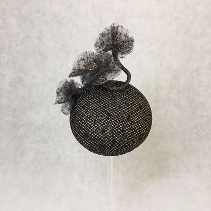 Bella: Domed Cocktail Fascinator / Black and Gold Trim with Handmade Black and Gold Netted Flowers