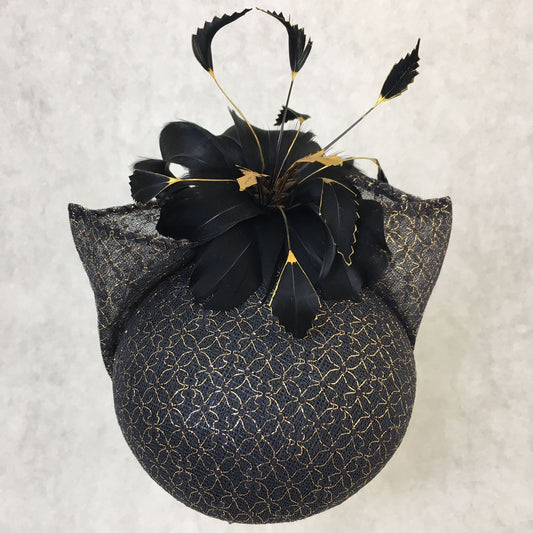 Bianca: Black and Gold Dome Cocktail Fascinator Accented with Hand Painted Feathers and Bow