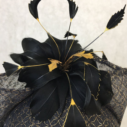 Bianca: Black and Gold Dome Cocktail Fascinator Accented with Hand Painted Feathers and Bow