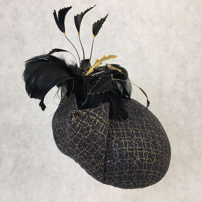 Bianca: Black and Gold Dome Cocktail Fascinator Accented with Hand Painted Feathers and Bow