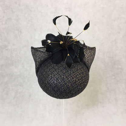 Bianca: Black and Gold Dome Cocktail Fascinator Accented with Hand Painted Feathers and Bow