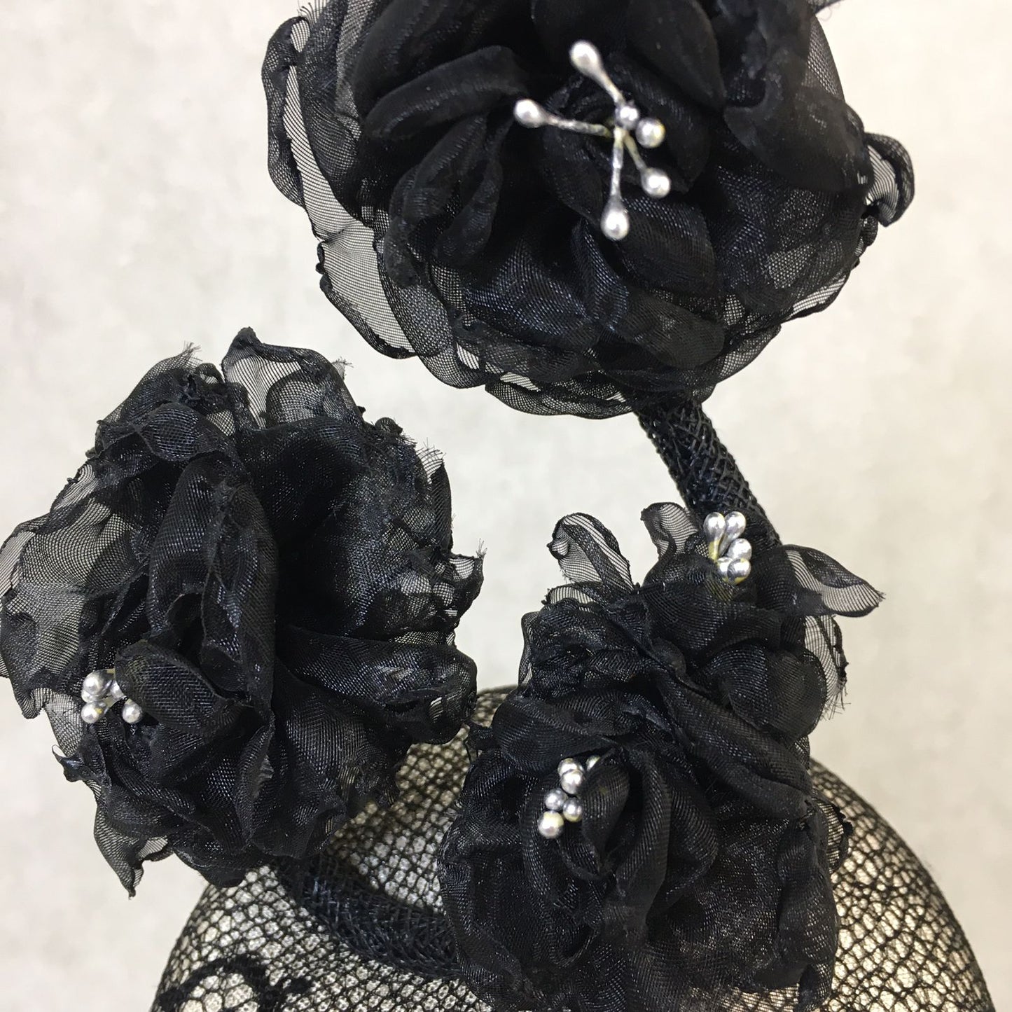 Birdie: Petite Dome Cocktail Fascinator Accented with Hand Made Black Organza Floral Vine